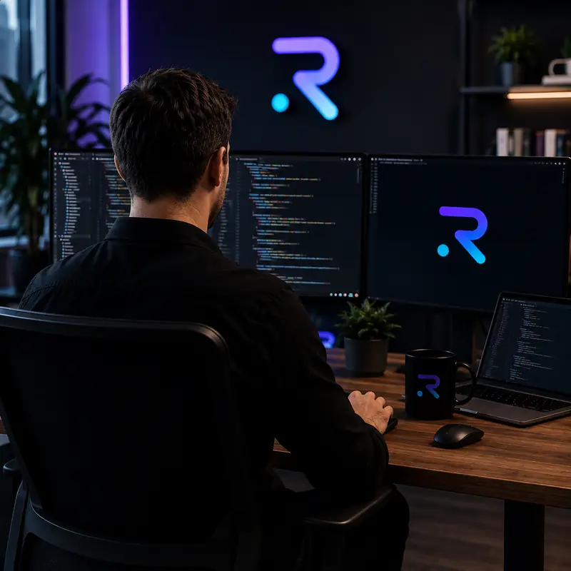 A Reel AI engineer working at a multi-monitor workstation
