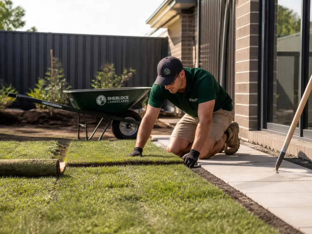 Landscaper working on a residential garden and paved outdoor area