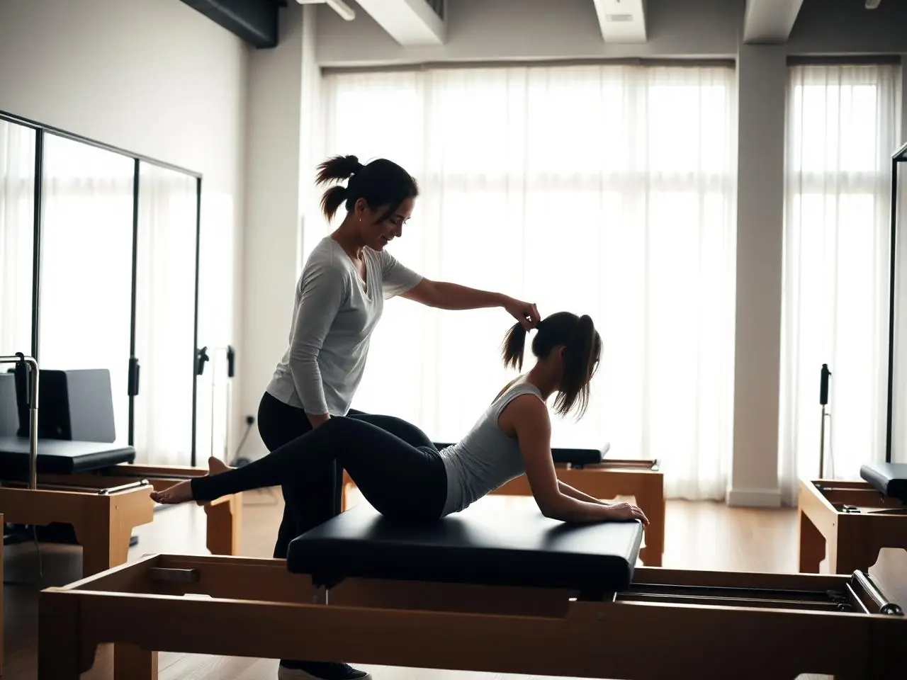 Instructor guiding a client on a reformer in a Pilates studio