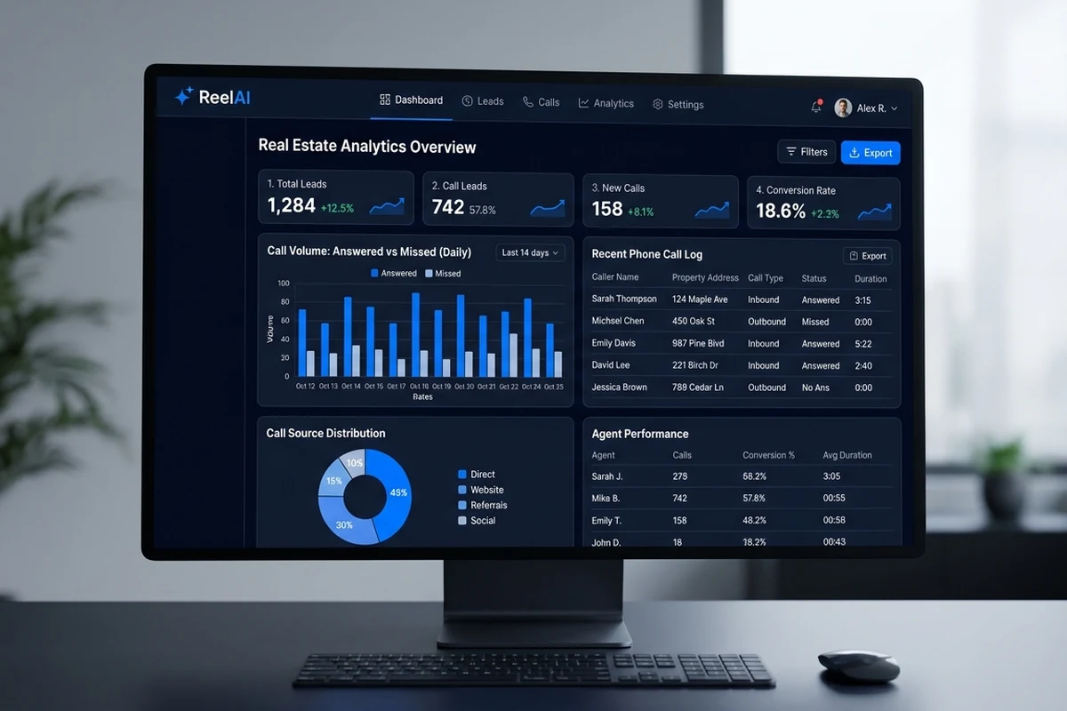 ReelAI Dashboard — real-time call analytics, lead capture metrics, and agent performance tracking